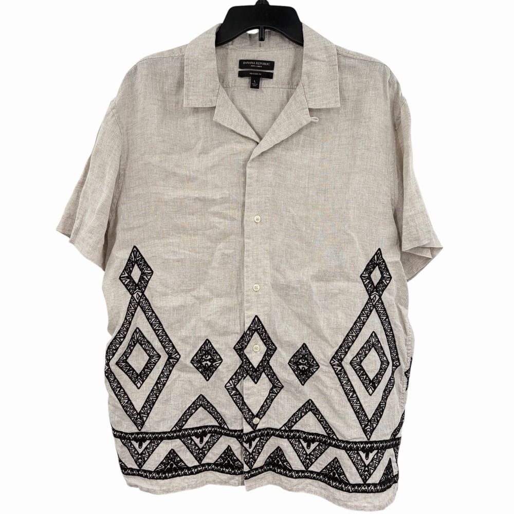 Banana Republic SS Linen Diamro Shirt Mens L Embroidered Resort Camp Collar